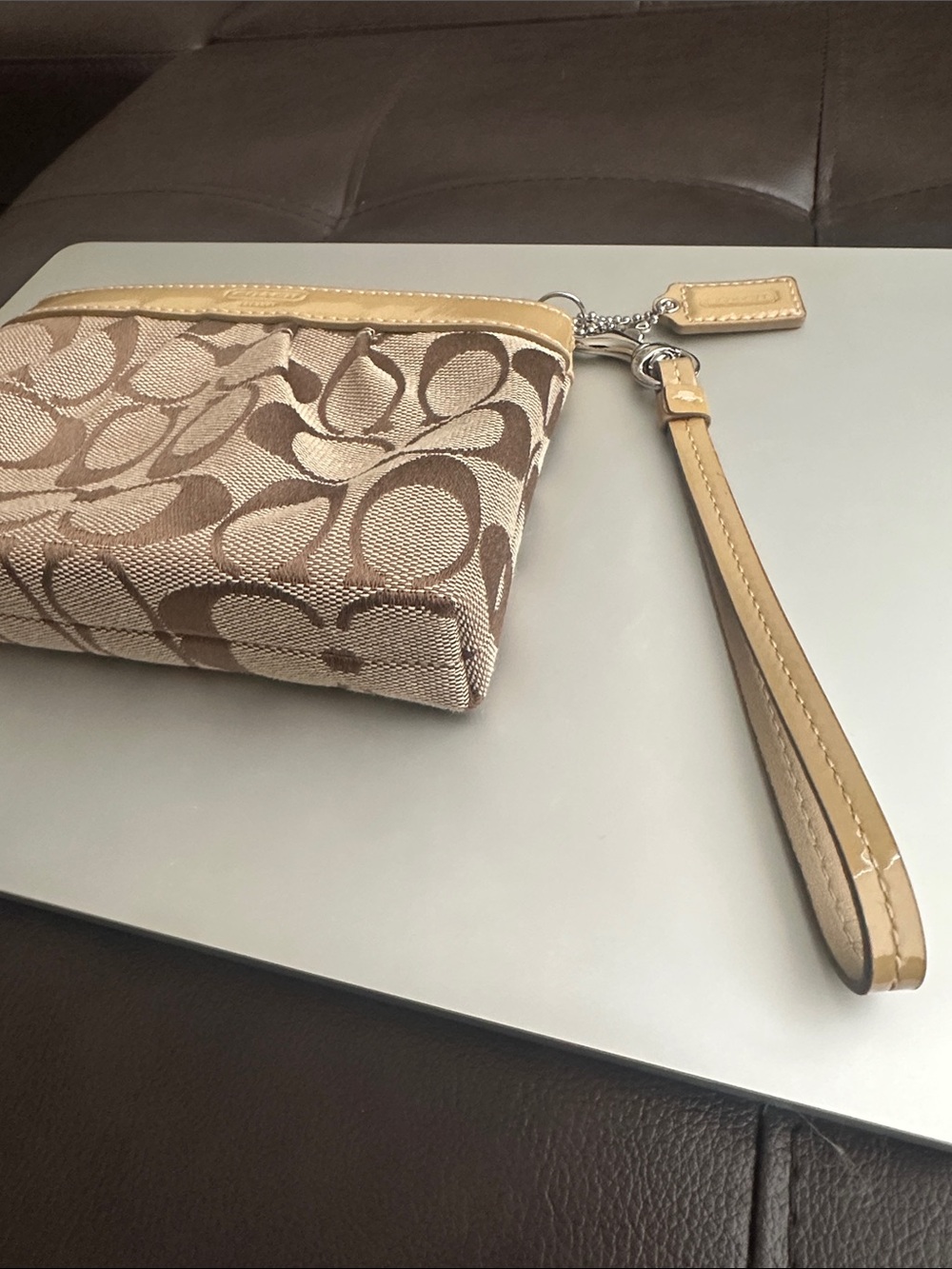Coach Signature Canvas Wristlet with Tan Patent Leather Trim - Picture 3 of 10